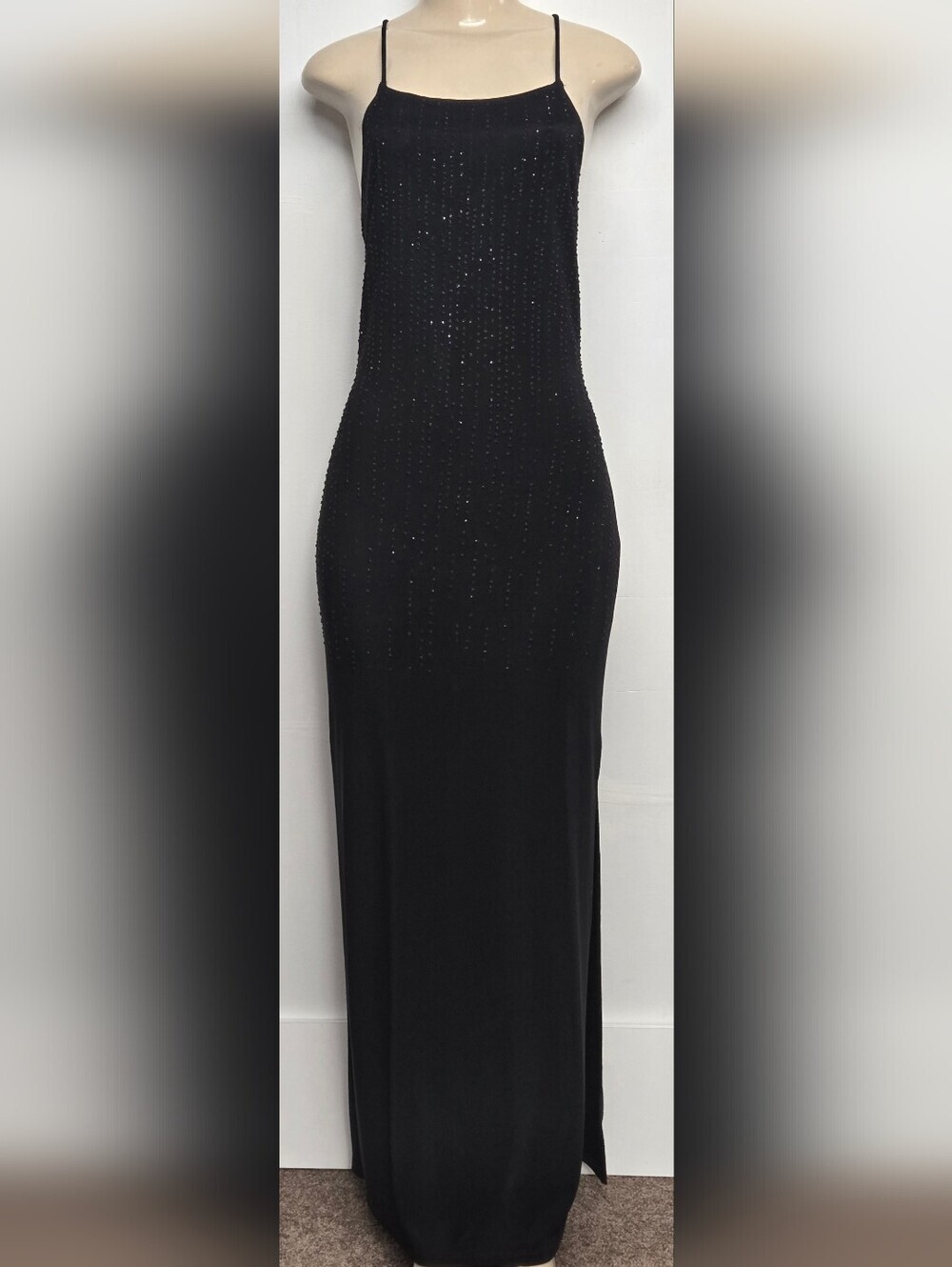Mandee L Long Black Slinky Stretch Knit Dress Subtle Sparkle Seed Beads